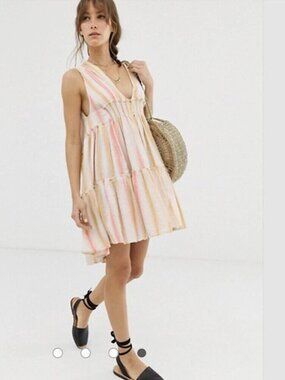 Free People M Do It Again Tiered Baby Doll Mini Dress Striped Pink OVERSIZED